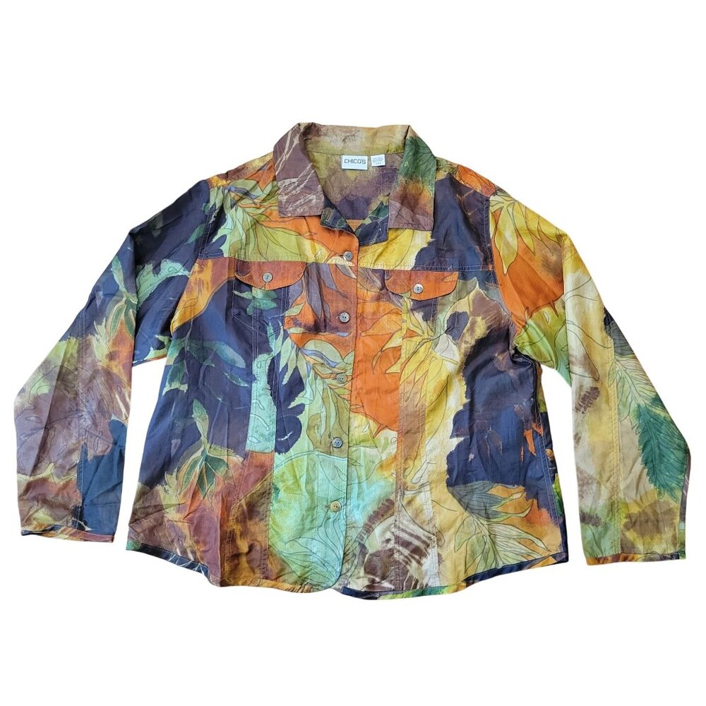 Chicos 3 Silk Button Up Blouse XL 16 Fall Leaves Autumn Lightweight‎